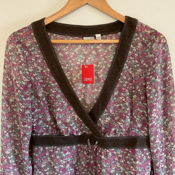 Esprit Y2K Whimsigoth Babydoll Tunic Top 10 Pink Micro Floral Fairy Semi Sheer - Picture 4 of 14